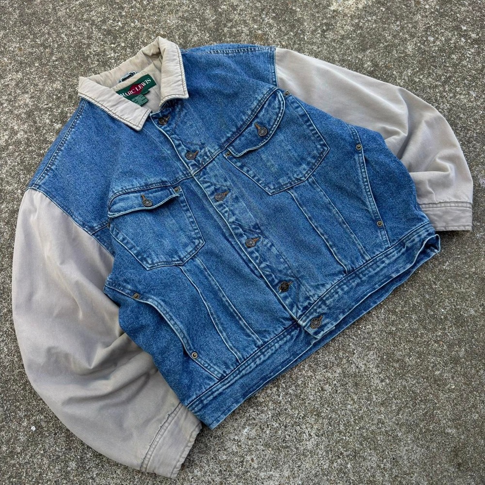 Vintage 90s Marc Lewis Denim Jacket Workwear Colorblock Blue Tan Large (d7)